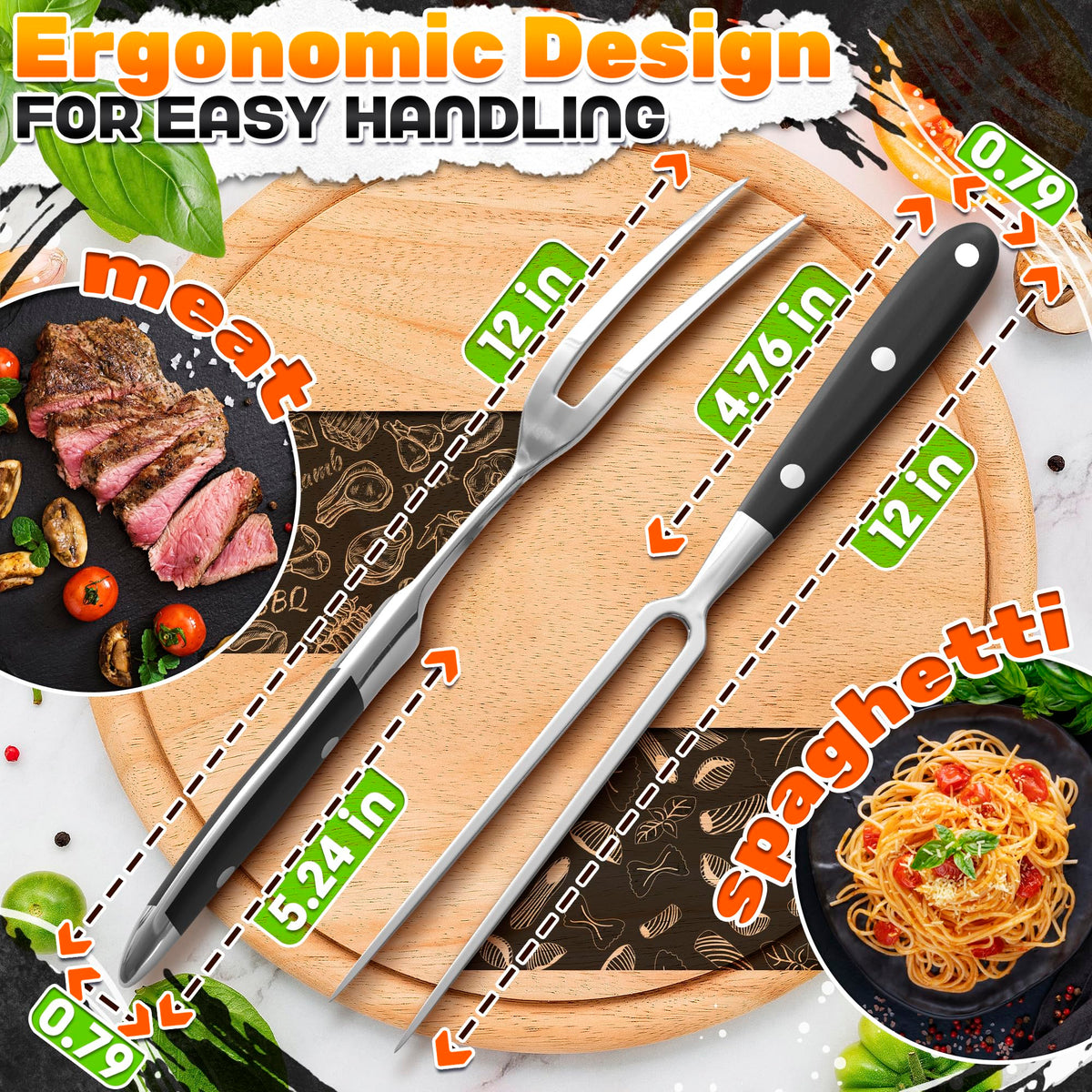 2 Pcs Carving Fork for Meat 12 inch - Stainless Steel Meat Fork with Heat-Resistant Handle for Grilling, Cooking, Serving - Straight and Curved Carving Utensils with Classic Two-Prong BBQ Design