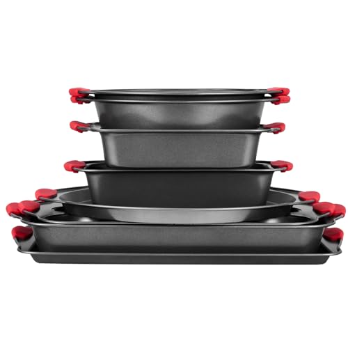 VEVOR Baking Pans Set, 8-Piece, Nonstick Carbon Steel Cookware Sheets & Trays, Stackable Kitchen Oven Bakeware Cooking Sets with Silicone Handles, Easy to Clean, for Baking Cookie Cake Muffin Bread