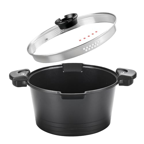 5qt Pasta Pot with Strainer Lid, Cast Aluminum Stockpot Multipot, Nonstick Ceramic Coating make Cleanup easy with Tempered Glass Lid, Dishwasher Safe, Induction, Black