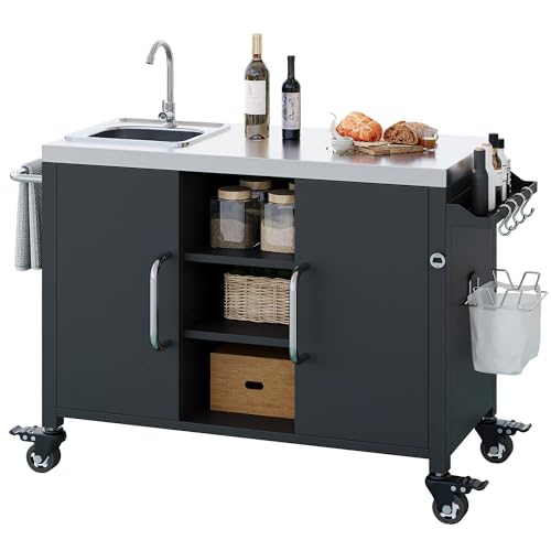 JIJIWANG 55.5" Black Kitchen Island with Sink, Metal Grill Cart Table with 304 Stainless Steel Sink, Outdoor Patio Bar Cart Sink Station with 4 Lockable Wheels for Pizza Prep L 55.5" x W 20" H 36.7"