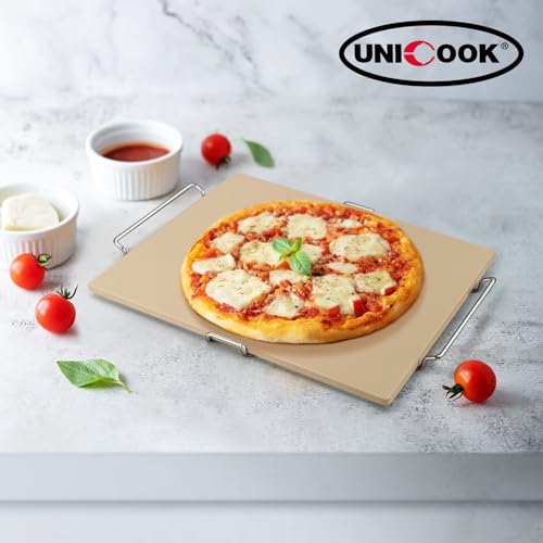 Unicook Pizza Stone for Oven and Grill, 15 x 12 Inch Rectangular Baking Stone for Bread, Cordierite Pizza Pan for Baking Crispy Bread, Pie and Cookies, Includes Carry Rack and Dough Scraper