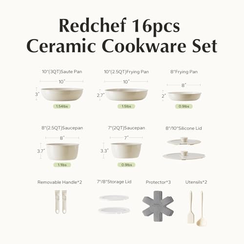 Redchef Ceramic Pots and Pans Set, Nonstick Kitchen Cookware Set with Detachable Handle, Non Toxic Cookware Set 16pcs, PFAS PFOA & PTFE Free, RV Ceramic Cookware for Camping, Dishwasher/Oven Safe