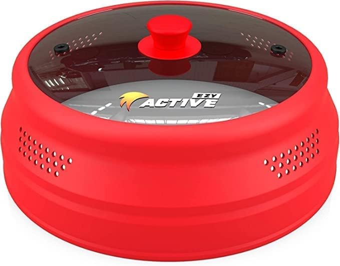 Collapsible Microwave Cover for Food - Silicone and Glass Splatter Guard Lid for 6-12 inch Plates & Bowls, Dishwasher Safe, Heat Resistant, BPA-Free, (Red).