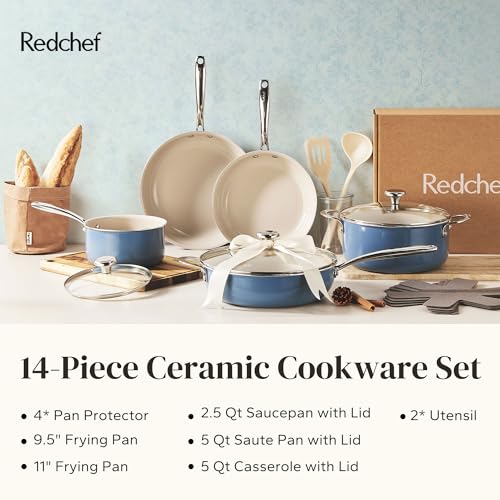 Redchef Ceramic Nonstick Cookware Set,14pcs Pots and Pans Set Non Stick,Induction Cookware with Stainless Steel Handle,Non Toxic Kitchen Cooking Set,Dishwasher & Oven Safe,PFAS PFOA & PTFE Free(Blue)
