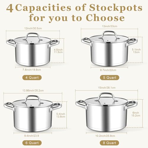 Leonyo 5 Quart Stock Pot with Lid, 18/10 3-ply Stainless Steel Stockpot for Induction Ceramic Gas Stoves, Heavy Duty Cooking Pot for Canning, Boiling, Simmering, Cooking Pot for Pasta, Soup, Spaghetti