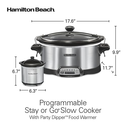 Hamilton Beach Programmable Stay or Go® Slow Cooker, 7 Quart Capacity, Includes 20 oz. Party Dipper Food Warmer, Silver, R33477 (Renewed)