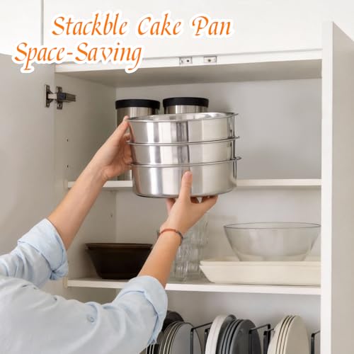 tifanso Set of 3 Stainless Steel Cake Pans - 8 Inch Round Layer Cake Baking Pan Molds, Stackable Even Heating Baking Set, Dishwasher Safe Bakeware Tins for Home Bakers, Birthday Party Wedding