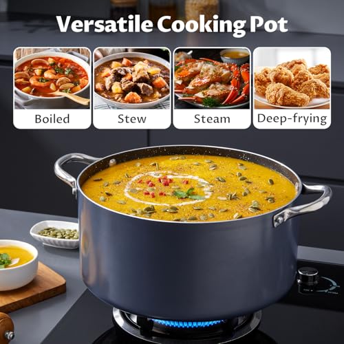 BEZIA 6 Quart Cooking Pot, Non Stick Induction Stock Pots with Lid, All Stove Compatible, 6 QT Aluminum Soup/Stew Pot For Small Households, Grey