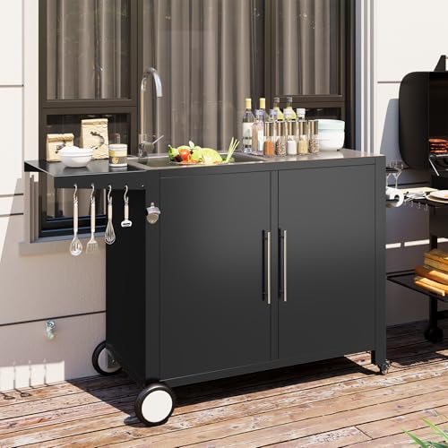 JFHID Grill Table with Sink, Outdoor Stainless Steel Kitchen Island Cabinets Sink Station with Hose Hook up & Lockable Casters, Rolling BBQ Table for Backyard
