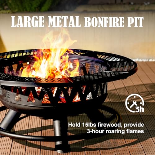 36 Inch Fire Pit with 2 Grills, Large Outdoor Firepits for Outside, Wood Burning Fireplace for Camping,Picnic,Bonfire, 3-in-1 Round Metal Table with Lid for Backyard,Patio,Party