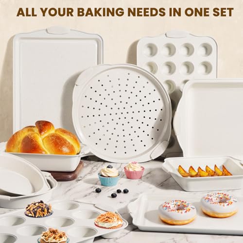 Kikcoin 22 PCS Nonstick Baking Pans Set, Stackable Bakeware Sets with Silicone Handles, 450°F Oven Safe Baking Sheet Set, Easy Release Cookie Sheets for Baking, Cream
