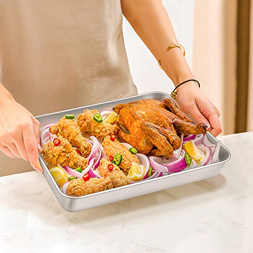 TeamFar Lasagna Pan, 12.3’’ x 9.75’’ x 2’’, Stainless Steel Rectangular Cake Brownie Casserole Pan For Roasting Baking, Healthy & Heavy Duty, Brushed Surface & Deep Side, Dishwasher Safe