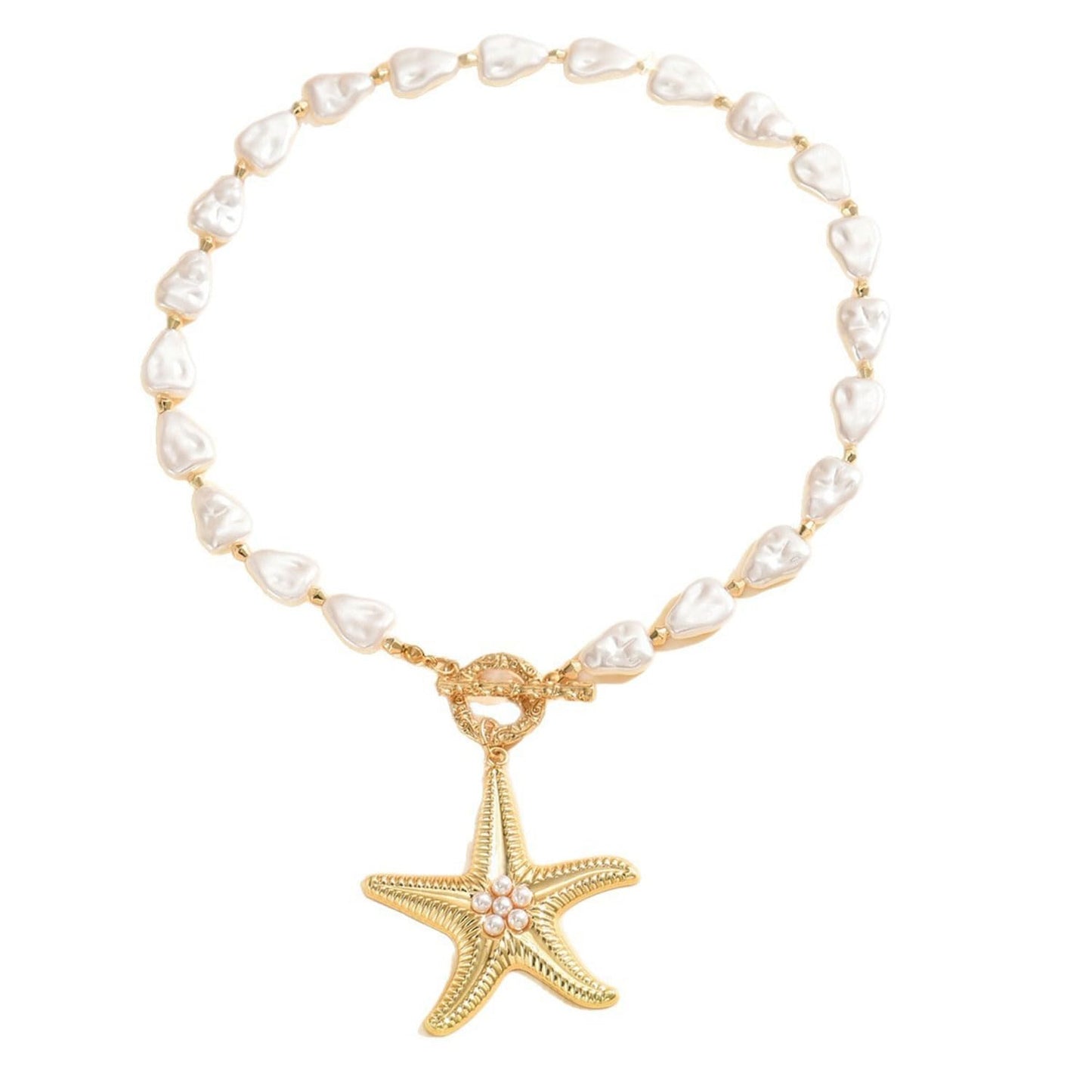 Chunky Gold Starfish Pearl Necklace for Women Gold Large Starfish Pendant Necklace Dainty Baroque Pearl Chain Charm Necklaces Summer Beach Jewelry Gifts for Women (BaroquePearl)