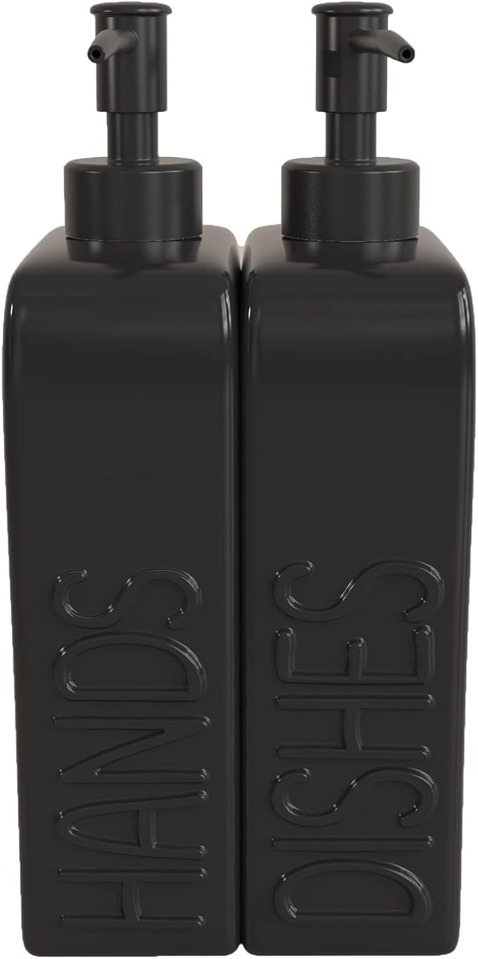 Soap Dispenser Set with Stainless Steel Pump, 2 Pack Ceramic Refillable Dish Soap and Hand Soap Dispenser for Kitchen, Bathroom, Matte Black