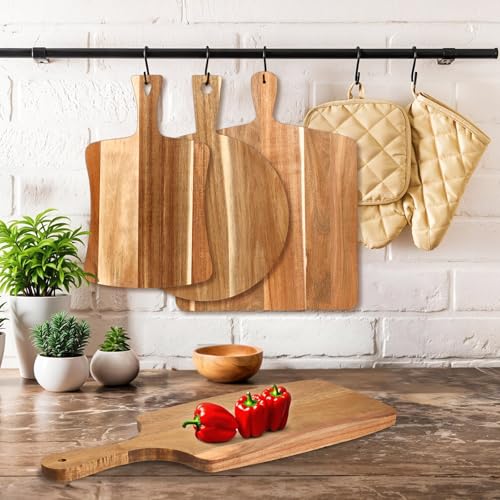 4 PCS Thick Acacia Wood Cutting Board with Handle, Assorted Sizes Large Wooden Charcuterie Boards Set Serving Tray for Cheese, Meat, Pizza, Vegetables, Bread, Kitchen Counter, Dining Room