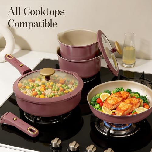 CAROTE 26 Pcs Pots and Pans Set, Nonstick Cookware Sets with Detachable Handle, Titanium Reinforced, Oven Safe, Cookware Non Stick Cooking Set w/Frying Pans & Saucepans Red(PFOS, PFOA Free)