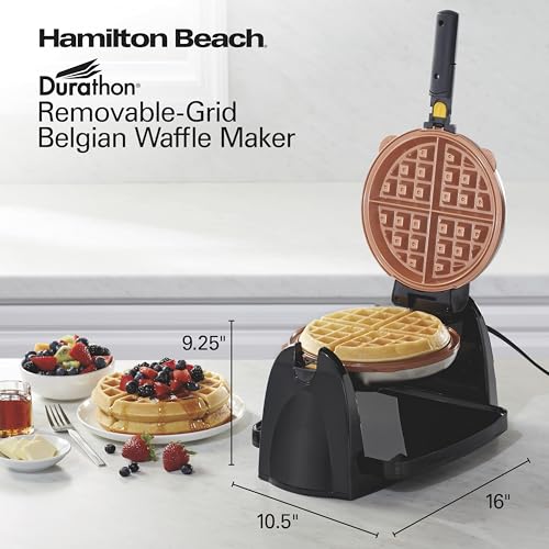 Hamilton Beach Belgian Waffle Maker with Removable PFAS-Free Durathon Nonstick Coated Plates, Easy Flip, Ceramic Grids, Black (26031)