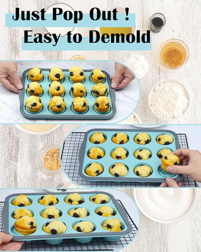 LGQUK Silicone Muffin Pan for Baking with Metal Frame, Nonstick Cupcake Pan, 12 Cup Baking Pan for Cupcake, Tarts, Egg Bites(12 Cup Green)