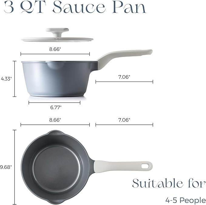 PRICUSIS Ceramic Nonstick Saucepan with Lid, 3 Quart Non Toxic Pot with Pour Spouts, Full Coated, 100% Dishwasher Safe, Induction Compatible & Oven Safe, PTFE PFAS & PFOA Free, Grey