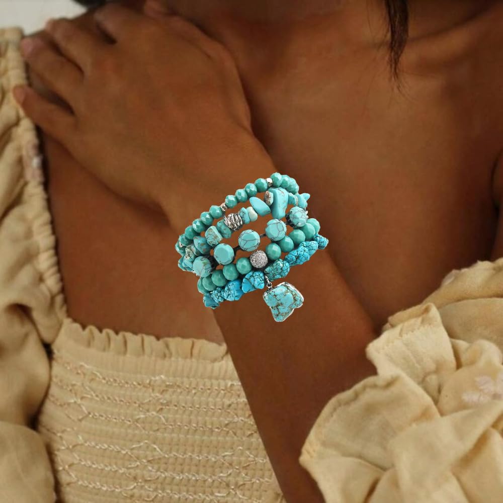 Yomisa Boho Beaded Bracelets for Women,Multilayer Wrap 5PCS Turquoise Healing Natural Stone Bead Bracelets Handmade Stackable Friendship Stretchy Beaded Bracelet Set Trendy Bohemian Jewelry Gift Women
