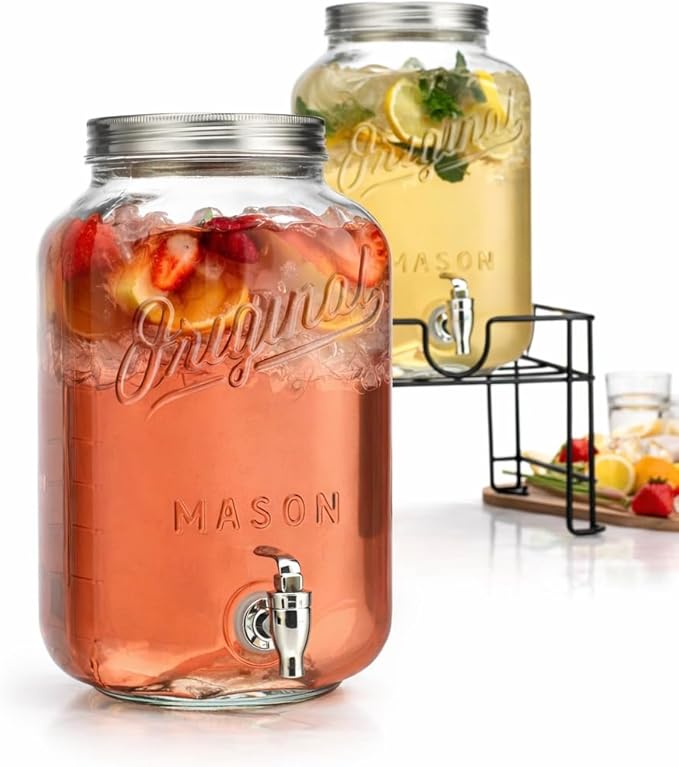 MosJos 2 GALLON Glass Drink Dispensers for Parties, 2 Pack Mason Jar Beverage Dispensers with Metal Stand, Glass Water Dispenser with Spigot, Laundry Detergent Dispenser
