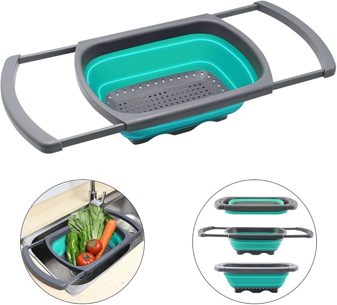 Qimh Colander collapsible, Colander Strainer Over The Sink Vegetable/Fruit Colanders Strainers With Extendable Handles, Folding Strainer for Kitchen,6 Quart
