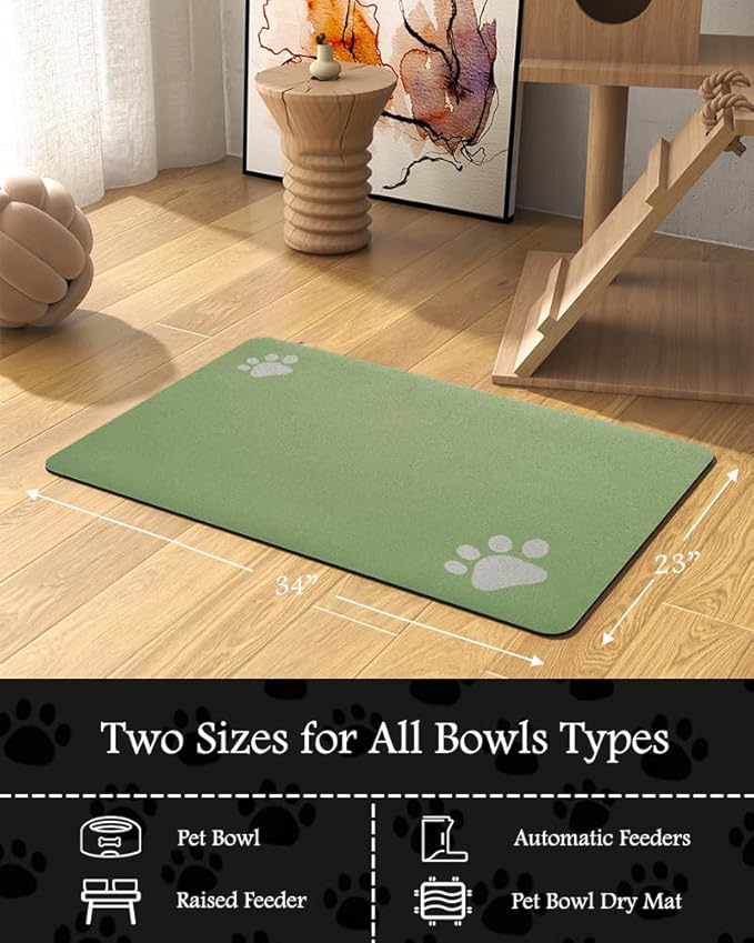 Pet Feeding Mat-Absorbent Dog Mat for Food and Water Bowl-No Stains Quick Dry Water Dispenser Mat-Dog Accessories Pet Supplies-Bowl for Messy Drinkers(Green,23"x34"