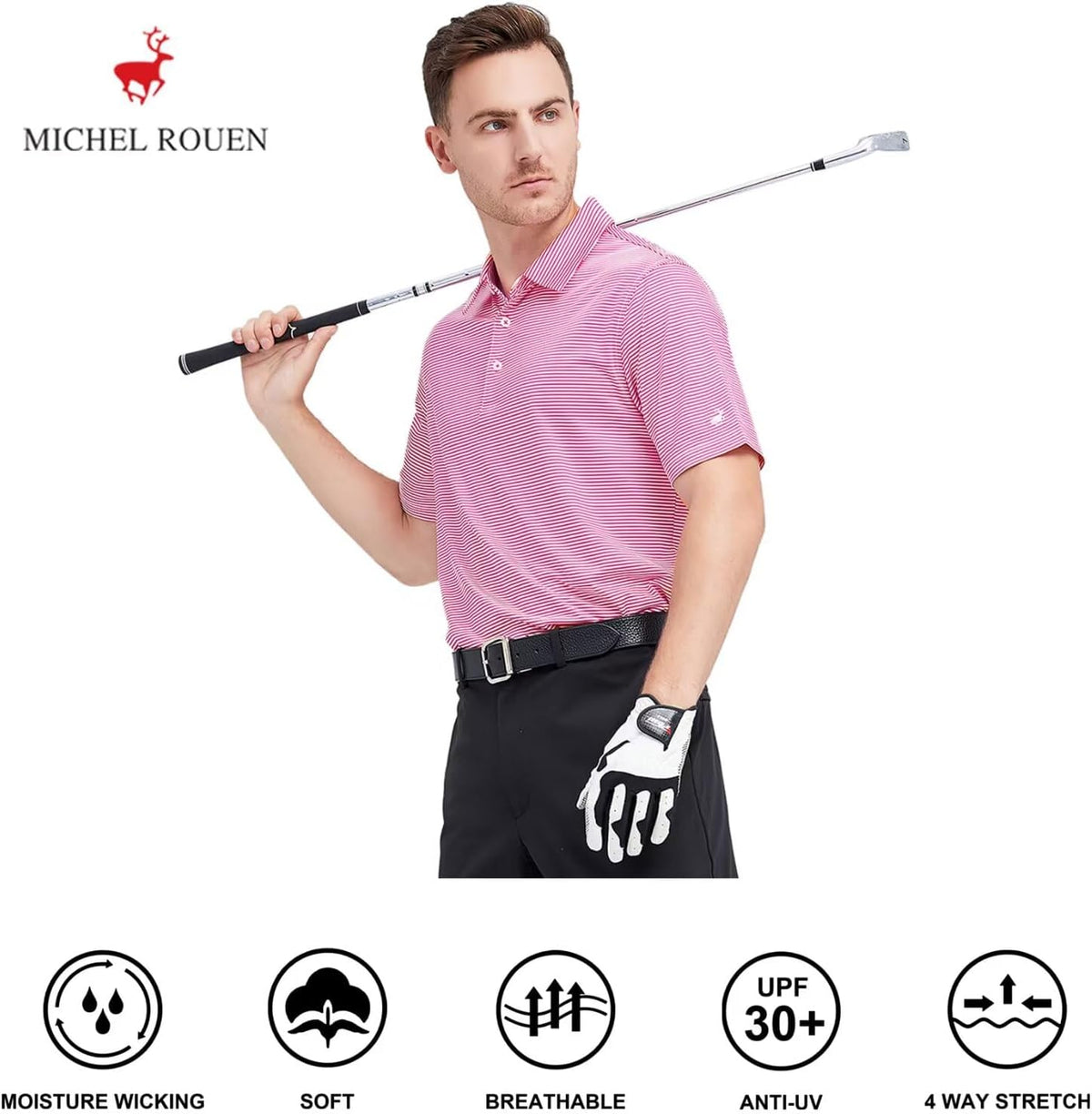 Mens Golf Shirt Moisture Wicking Dry Fit Performance Sport Short Sleeve Striped Golf Polo Shirts for Men