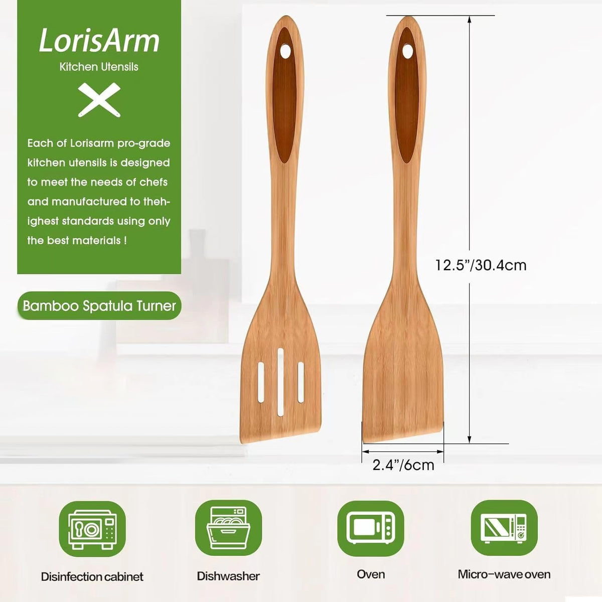 LorisArm 12" inch Bamboo Spatula Turner, Solid Kitchen Spatula Turner, Egg Scraper, Wood Cooking Utensil, Kitchen Spatulas for Baking, Flipping, Serving, Scraping & Turning.