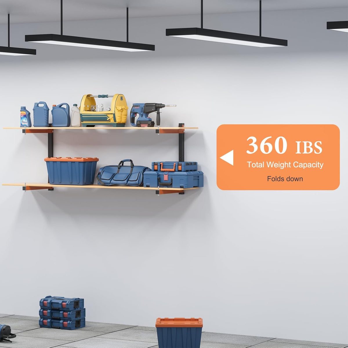 Lumber Rack Heavy Duty Wood Racks Wall Mount Folding Lumber Storage Racks with 3-Level Holds Up 360 LBS Sturdy Folding Garage Wood Organizer Orange Shelving Metal Shelf for Indoor & Outdoor- 2 Pack