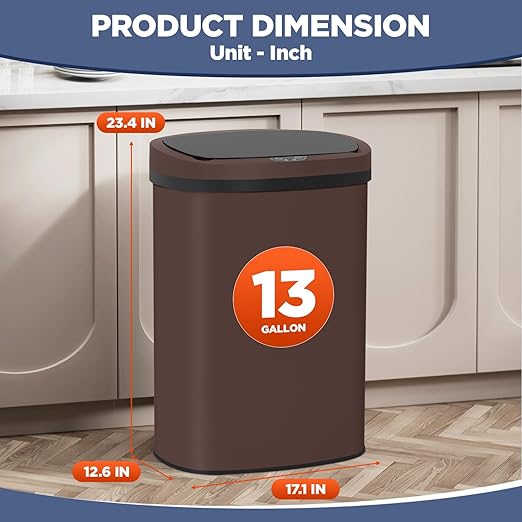 PayLessHere | 13 Gallon Stainless Steel Trash Can | Brown | Automatic Touchless Lid with Motion Sensor | Kitchen Garbage Can with Waterproof Design | for Home, Office, Bathroom | Pack of 1