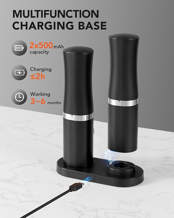 FORLIM Rechargeable Electric Salt and Pepper Grinder Set with Charging Base, Automatic Pepper Mill, Adjustable Coarseness, White LED Light, USB Type-C Cable, One Hand Operation, 2 Mills