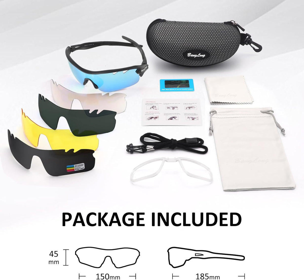 BangLong Polarized Sports Sunglasses Cycling Sun Glasses for Men Women with 5 Interchangeable Lenes for Running Baseball Golf