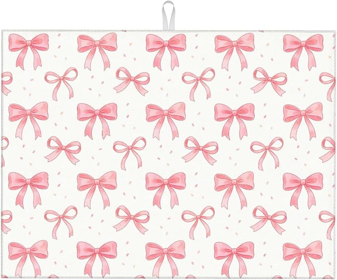 Bow Dish Drying Mat, for Kitchen Counter Microfiber Absorbent, Pink Cute Dish Draining Mat Extra Large 18"x24"