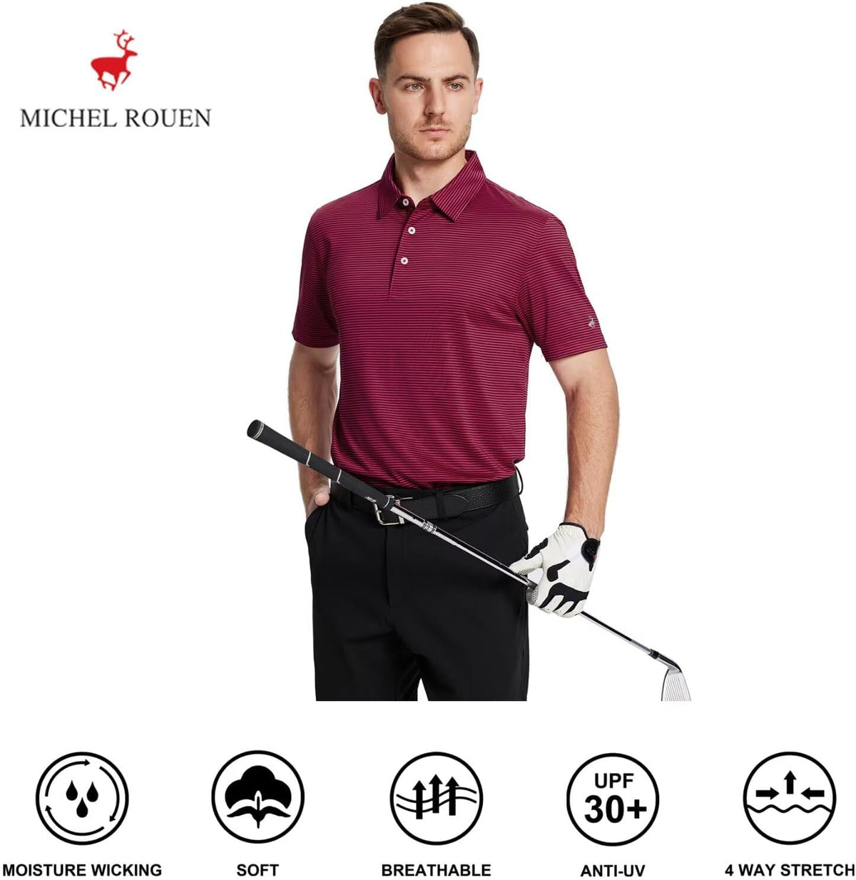 Mens Golf Shirt Moisture Wicking Dry Fit Performance Sport Short Sleeve Striped Golf Polo Shirts for Men