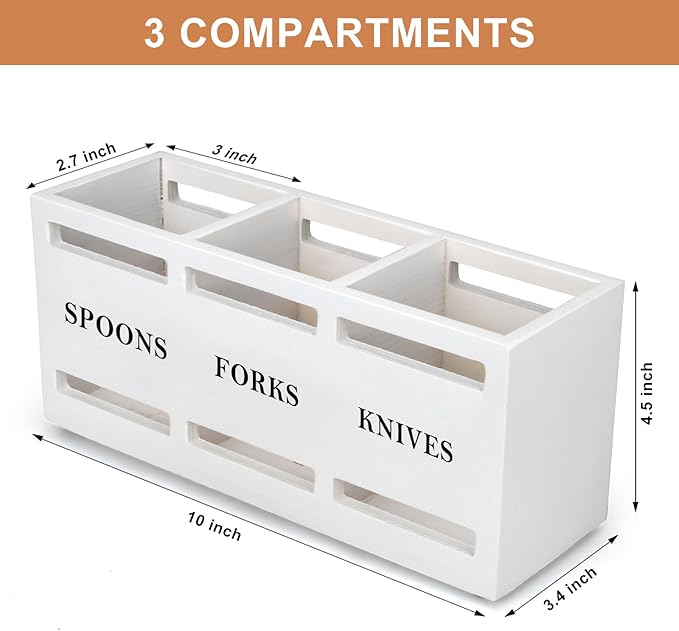 Wooden Silverware Cutlery Holder White Flatware Caddy Small Kitchen Utensil Holders for Party Wood Silverware Organizer Storage for Table Countertop Spoon and Fork Holder Utensils Caddy Basket