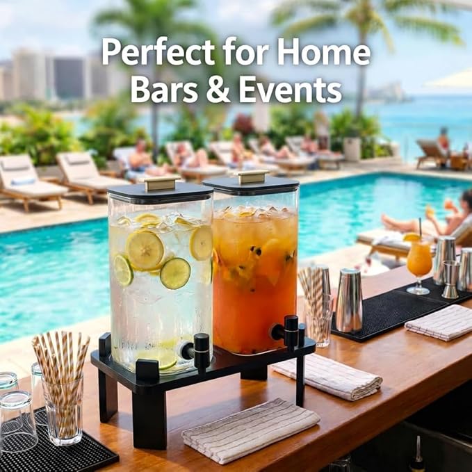 2 PCS 3 Gallon Drink dispenser, Glass Beverage Dispenser With Wood Stand, Large Water Drink Dispensers For Spa, for bars, office waiting room beverage dispenser modern Black