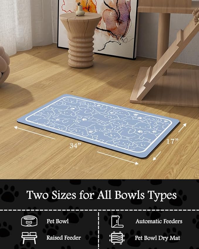 Pet Feeding Mat-Absorbent Dog Mat for Food and Water Bowl-No Stains Quick Dry Water Dispenser Mat-Dog Accessories Pet Supplies-Bowl for Messy Drinkers(BLUEDOGS,17"x34"