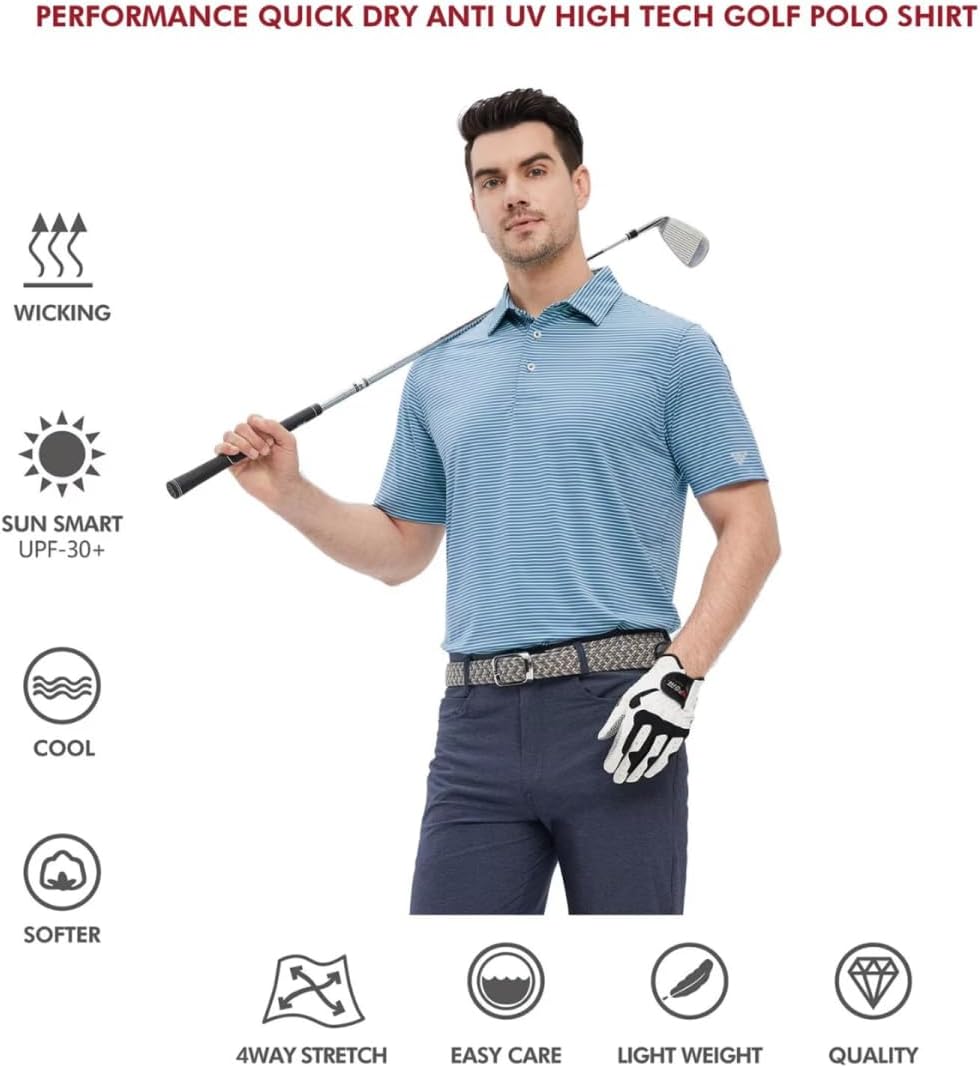 Men's Golf Polo Shirts Short Sleeve Striped Performance Moisture Wicking Dry Fit Golf Shirts for Men