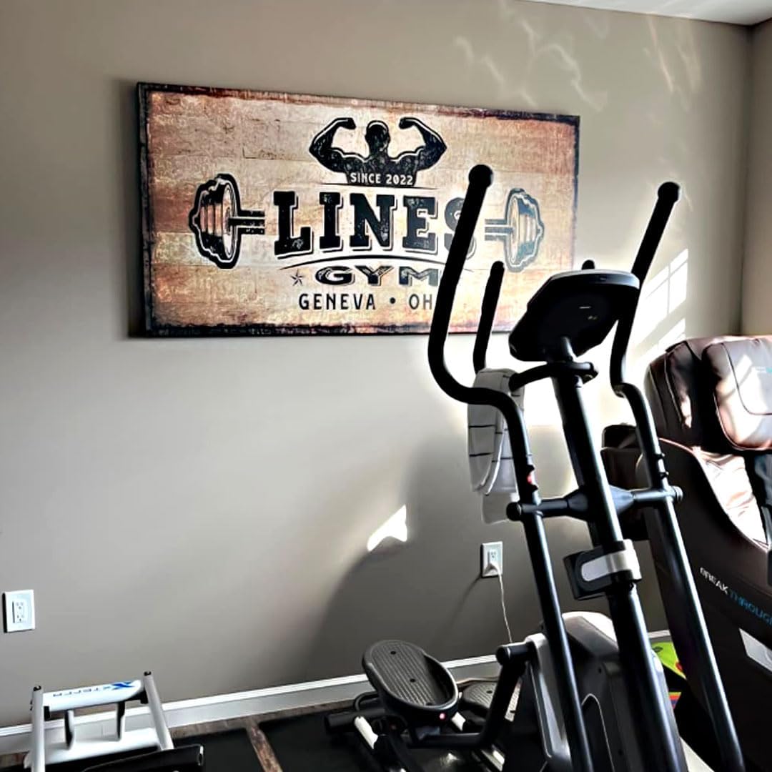 TAILORED CANVASES Personalized Gym Sign Wall Art Decor - Motivational Canvas s for Home Gym, Workout Room, Garage, Fitness Center - Workout Inspirational Posters - Kettlebell on Rustic, 48x24in