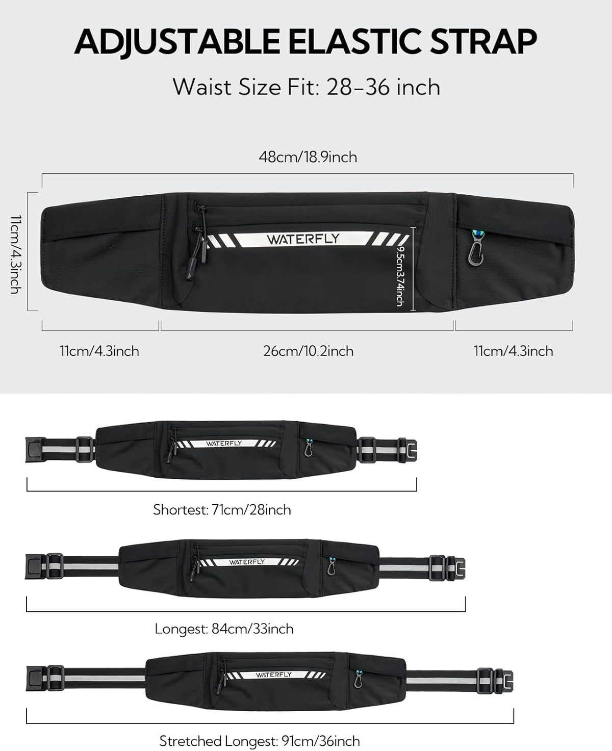 WATERFLY Running Belt Fanny Pack: Slim Breathable 4 Pocket Waist Bag for Men Women Sport Workout Exercise Fitness Phone Holder - Runner Marathon Jogging Waistband Fits ALL Phones Black