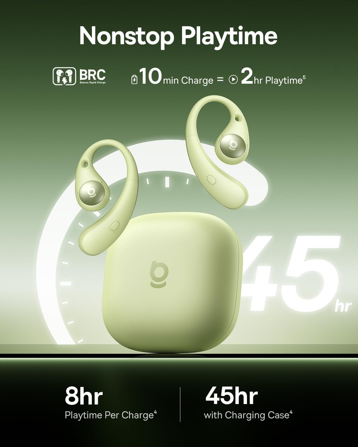 Baseus Eli Sport 2 Open-Ear Headphones Wireless Earbuds,Secure Earhook Sport Design,Ultra-Comfort,4-Mic Clear Calls, IP57 Waterproof,45H Play, Bluetooth 6.0 Earhook Fit Running Workout Gym -Green