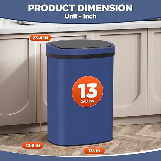 PayLessHere | 13 Gallon Stainless Steel Trash Can | Deep Blue | Automatic Touchless Lid with Motion Sensor | Kitchen Garbage Can with Waterproof Design | for Home, Office, Bathroom | Pack of 1