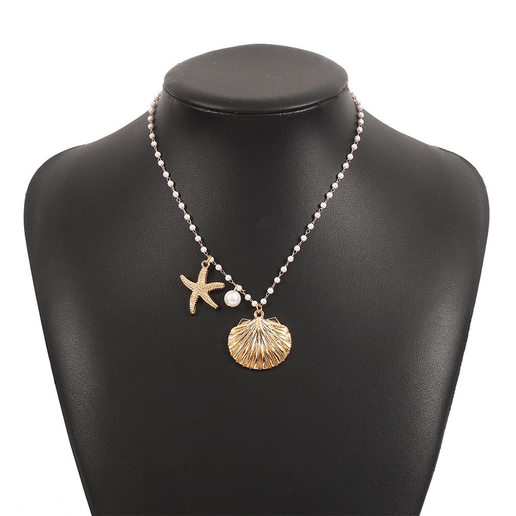 Gold Shell Starfish Beaded Pearl Necklaces for Women, Boho Sea Shell Star Beads Pearls Pendant Chain Necklace Holiday Beach Party Ocean Jewelry Gifts (Gold)