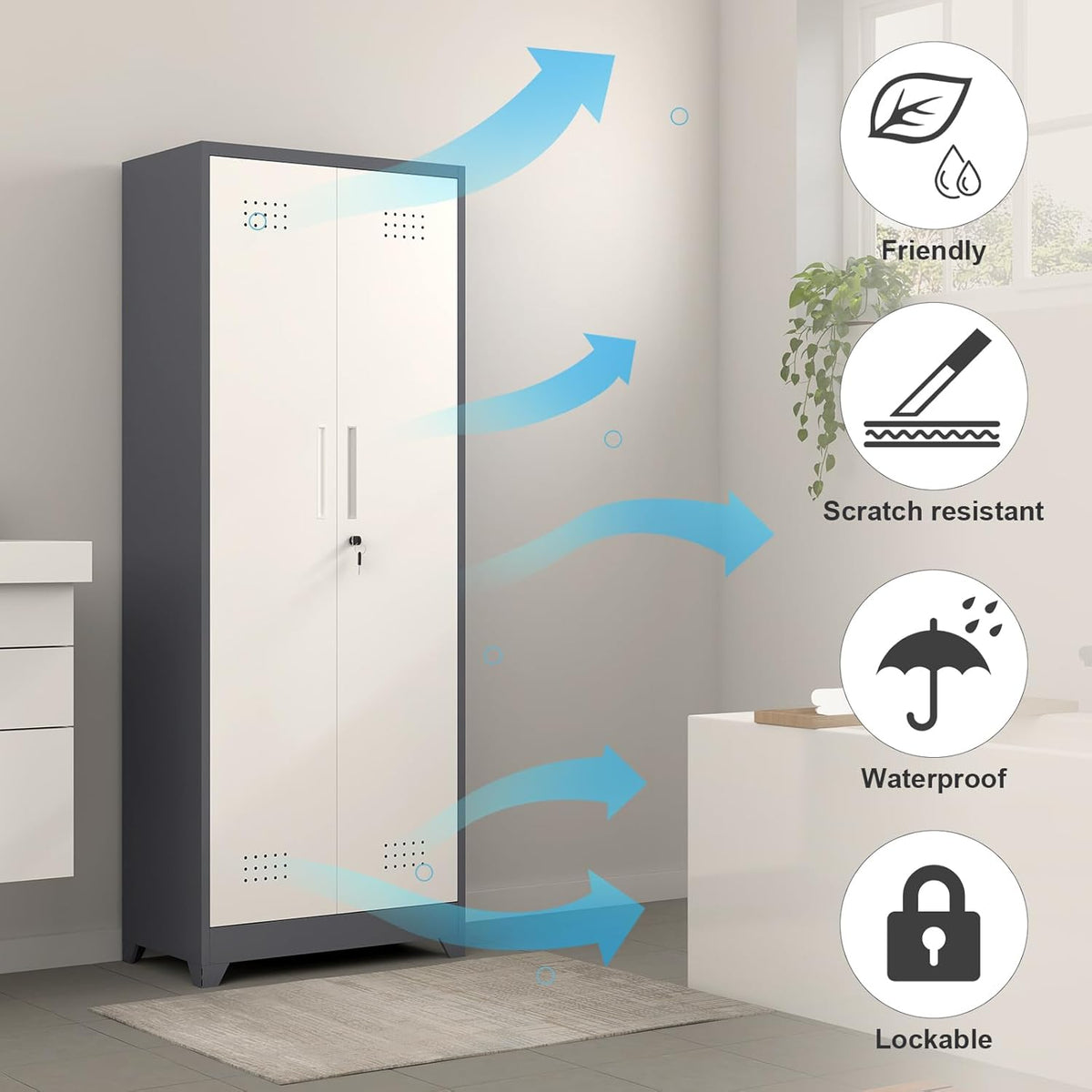 Metal Cabinets with Doors and Adjustable Shelves, 65" H Lockable Storage Cabinet, Grey-White Utility Cabinet for Brooms and Mops for Home,Kitchen,Garage