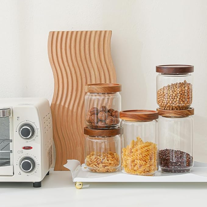 Glass Jars with Wood Lids 6 Pack with 112 Labels, 15 OZ Storage Food Canister for Coffee| Sugar| Snacks| Nuts