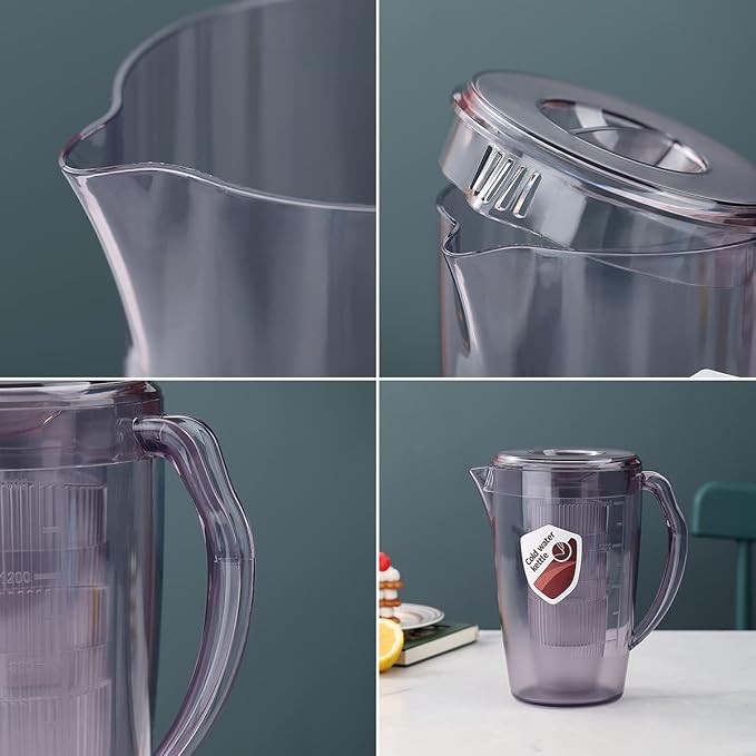 HOMQUEN Plastic Pitcher with 3 Cup, 60 Oz/1.8L Water Pitcher with Lid, Iced Tea Pitcher, Water Carafe, Jar Pitcher, Water Jug with Handle for Tea, Juices, Milk, Cold or Hot Beverages (Gray)