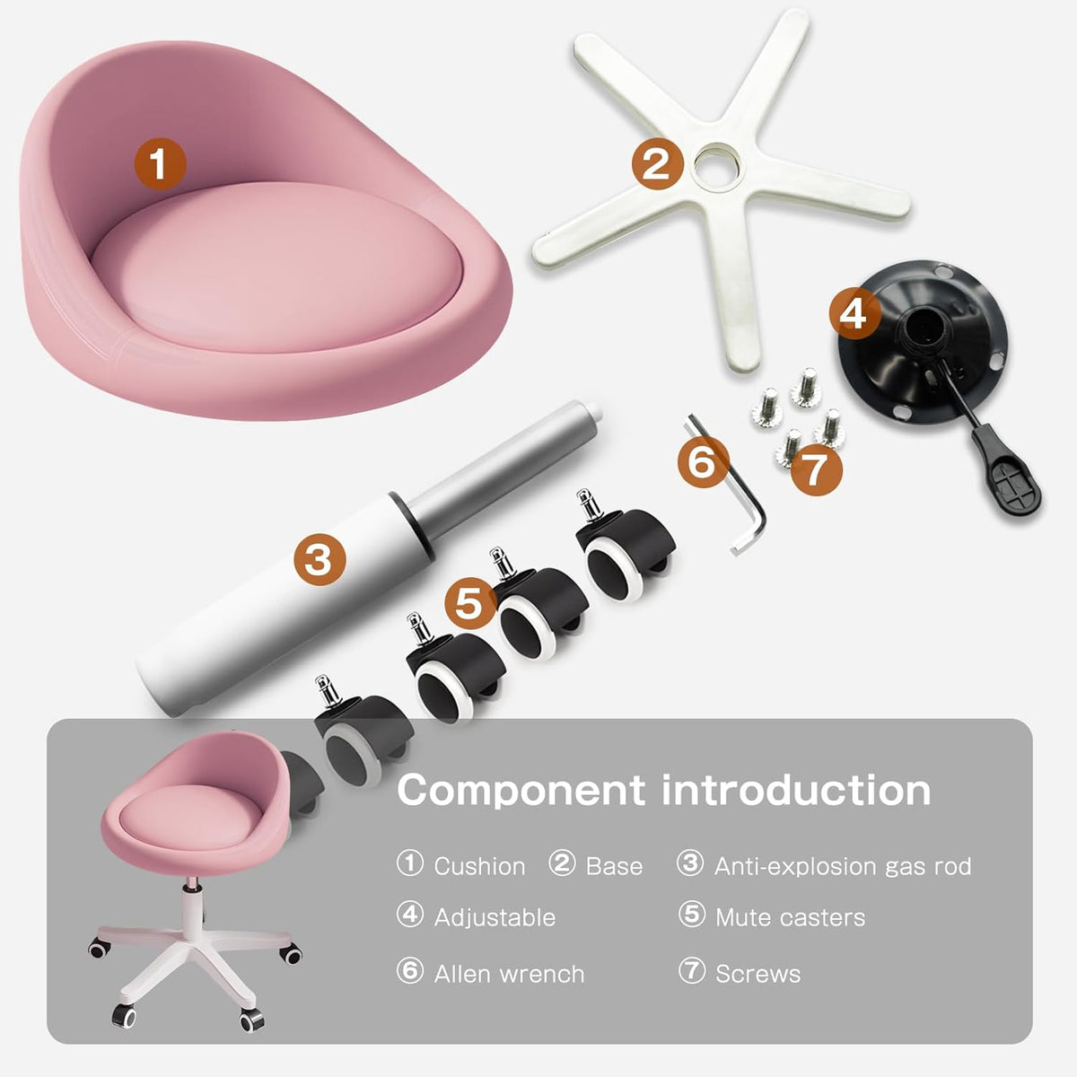 Rolling Stool Set of 6 Rolling Hydraulic Salon Stool with Low Backrest - Adjustable Swivel Chair for SPA, Shop, Salon, Massage, or Medical Office Pink
