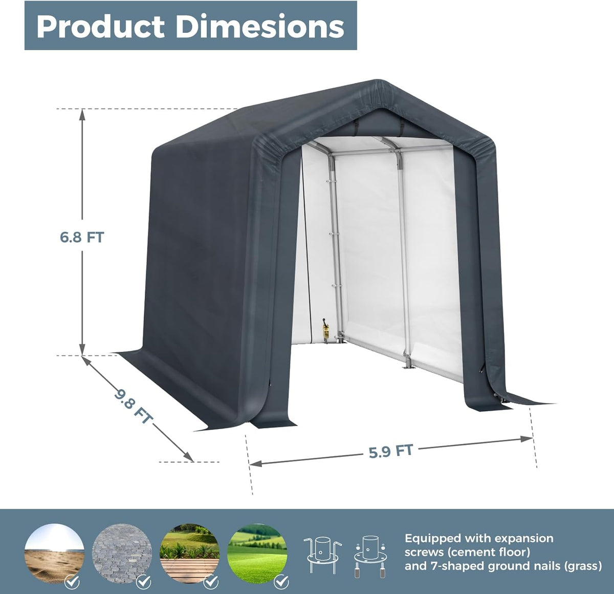 GREEN PARTY Storage Shelter Shed, 6x10 ft Portable Shed Outdoor Carport with Roll-up Zipper Door & Vents, Outdoor Storage Shed Portable Garage for Motorcycle, Bike, Waterproof & UV Protected, Gray