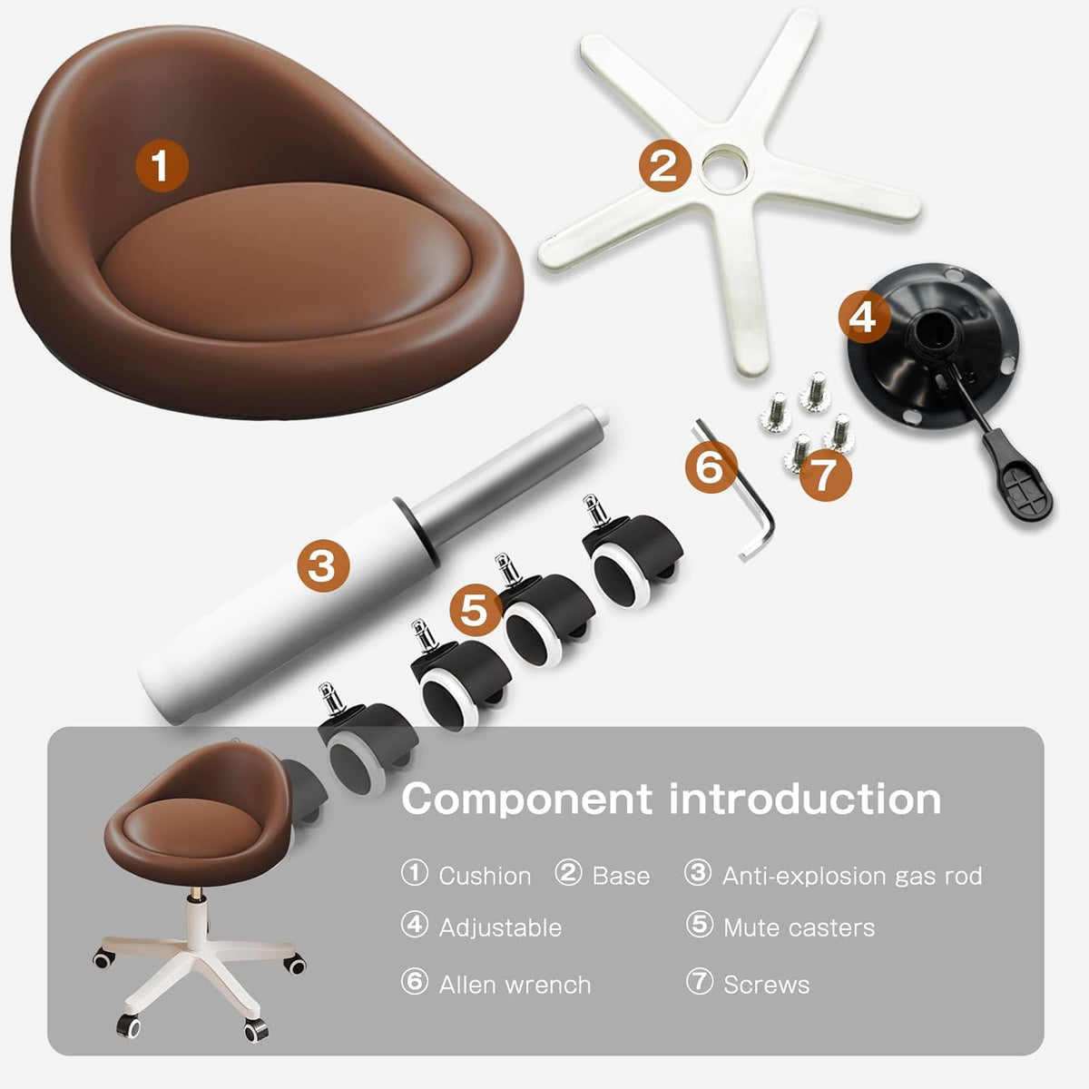 Rolling Stool Set of 3 Rolling Hydraulic Salon Stool with Low Backrest - Adjustable Swivel Chair for SPA, Shop, Salon, Massage, or Medical Office Brown